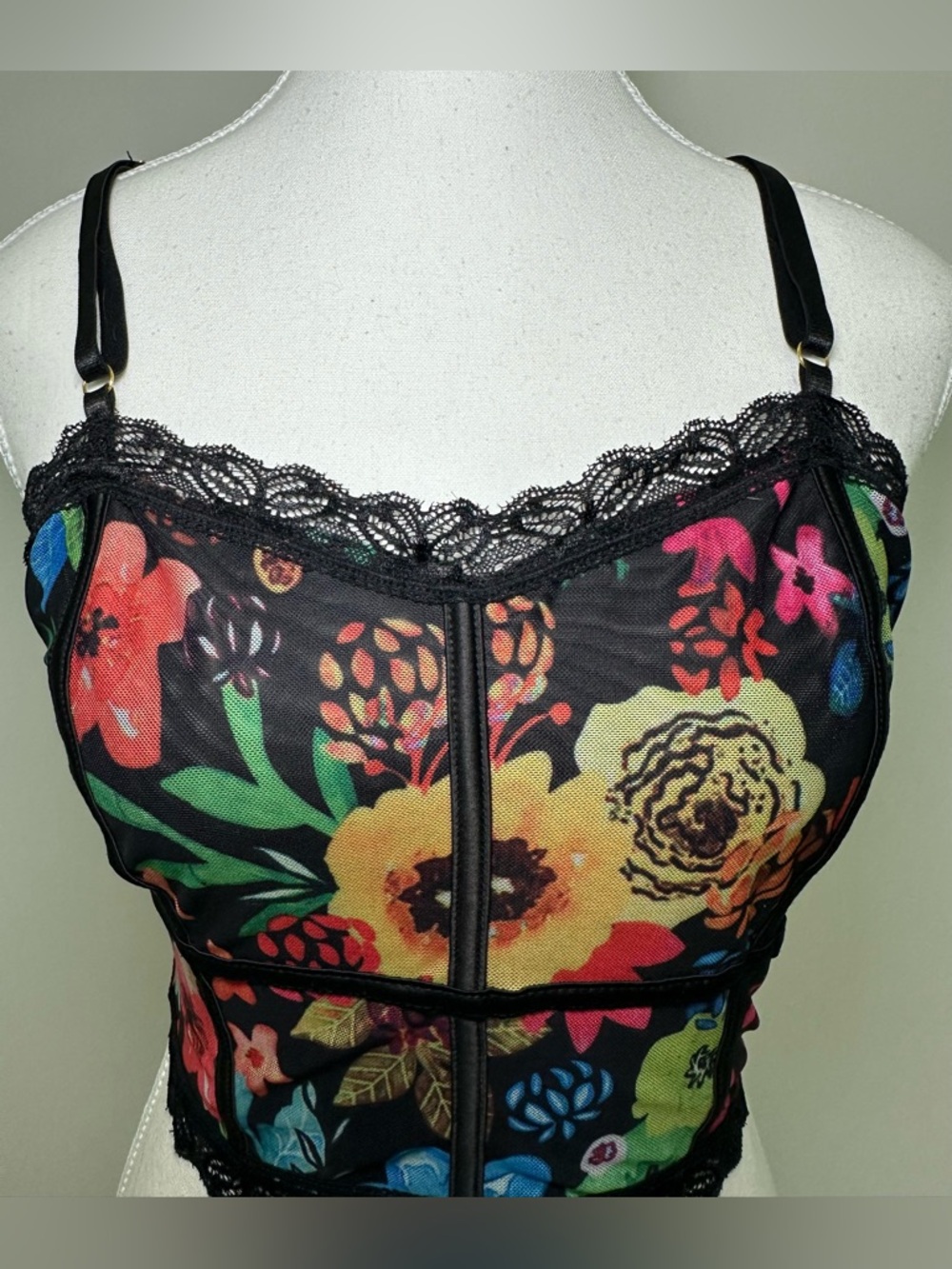 GORGLITTER‎ Black Multicolor Floral Mesh Lace Corset Bralette Bustier Plus Size - Picture 6 of 8